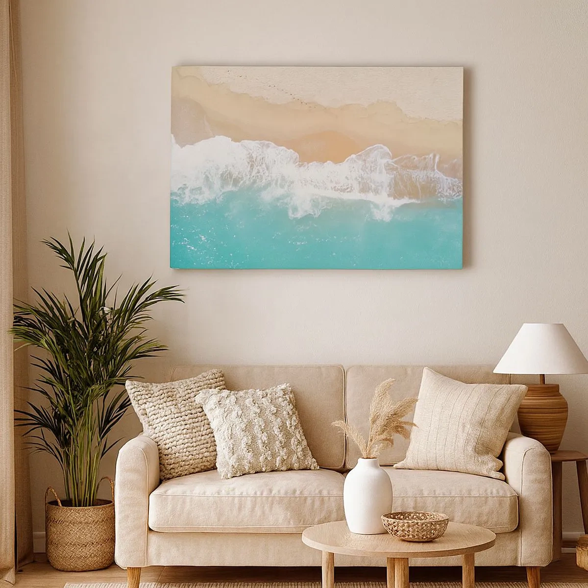 Bild auf Leinwand - Leinwandbild - Eine Vogelperspektive auf einen Strand mit türkisfarbenem Wasser und sanften Wellen - 70x50cm - Eine streichelnde Berührung - Moderne Wanddekoration für Wohnzimmer und Schlafzimmer ARTTOR
