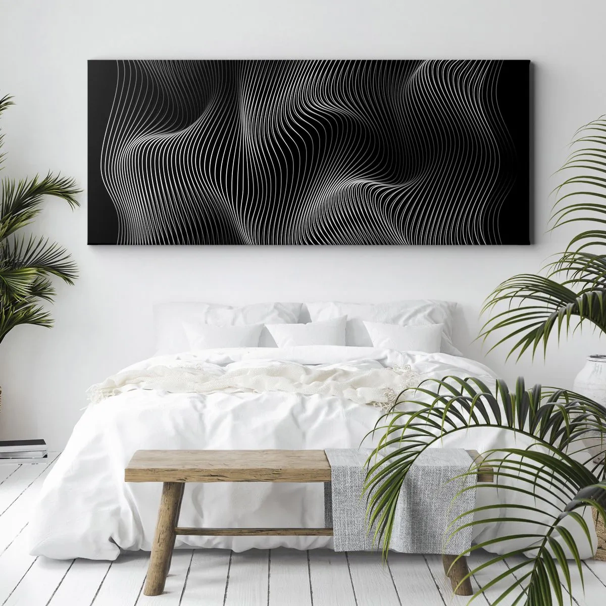 Bild auf Leinwand - Leinwandbild - Abstrakte weiße Linien auf schwarzem Hintergrund - 160x50cm - Lichttanz im Raum - Moderne Wanddekoration für Wohnzimmer und Schlafzimmer ARTTOR