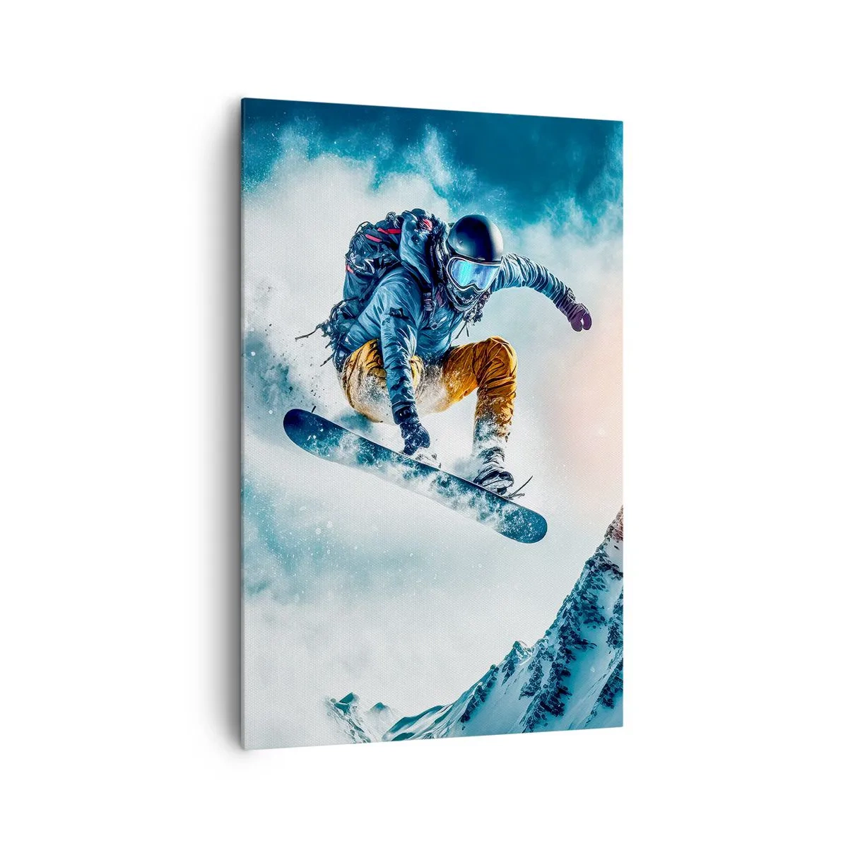 Bild auf Leinwand - Leinwandbild - Ein Snowboarder fliegt über schneebedeckte Berge - 80x120cm - Extreme Emotionen - Moderne Wanddekoration für Wohnzimmer und Schlafzimmer ARTTOR