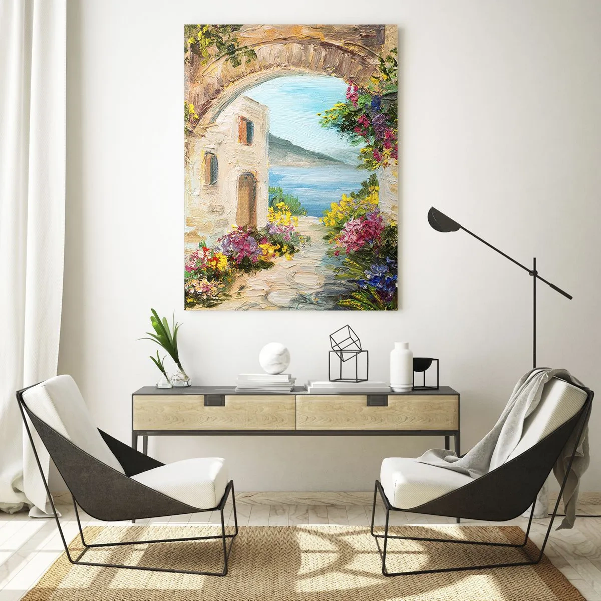 Glasbild - Bild auf glas - Küstenlandschaft mit Steingebäuden und Blumen - 70x100cm - Charme einer Küstenprovinz - Moderne Wanddekoration für Wohnzimmer und Schlafzimmer ARTTOR