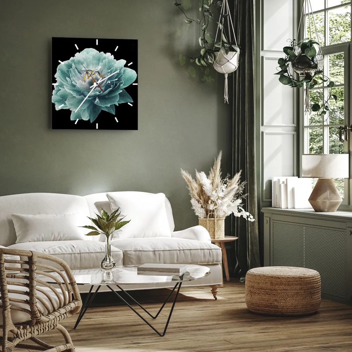 Wanduhr - Glasuhr - Blaue und goldene Blütenblätter - 30x30 cm