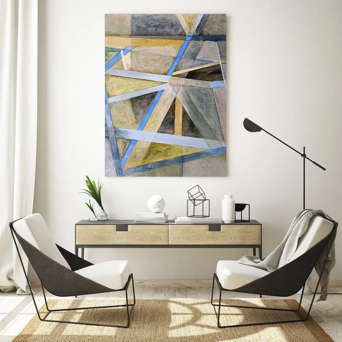 Glasbild - Bild auf glas - Geometrische Komposition mit hellen und blauen Linien - 80x120cm - Gerade oder diagonal? - Moderne Wanddekoration für Wohnzimmer und Schlafzimmer ARTTOR