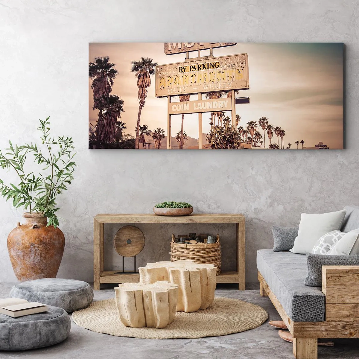 Bild auf Leinwand - Leinwandbild - Retro-Motelschild, umgeben von Palmen - 160x50cm - Hier ist die Zeit stehen geblieben - Moderne Wanddekoration für Wohnzimmer und Schlafzimmer ARTTOR