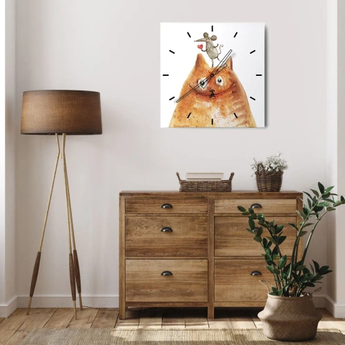 Wanduhr - Glasuhr - Eine Zeichnung einer Katze mit einer Maus auf dem Kopf, die ein Herz hält - 30x30cm - Paradoxien der Liebe - Moderne Wanddekoration für Wohnzimmer und Schlafzimmer ARTTOR