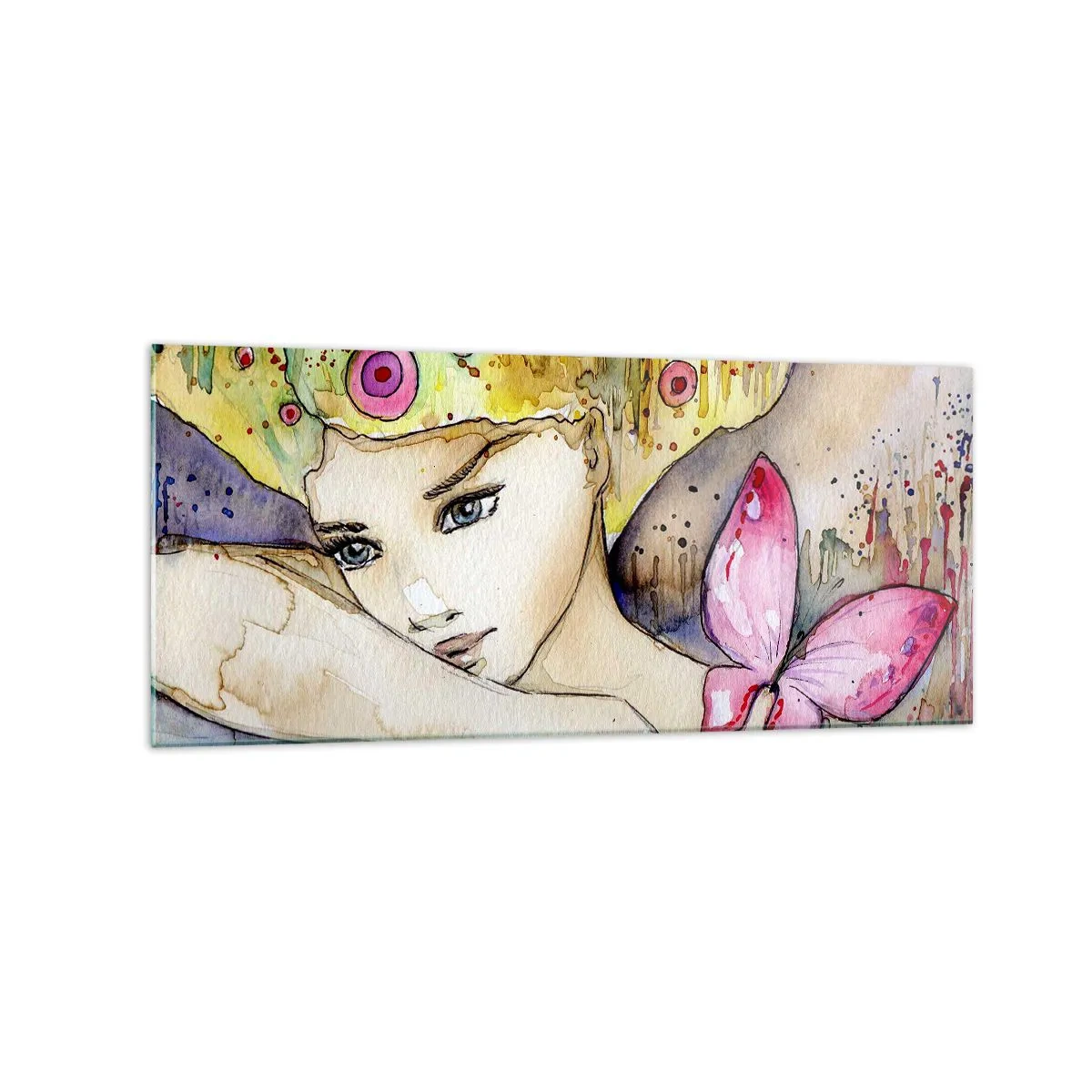 Glasbild - Bild auf glas - Eine Frau mit abstrakter Frisur und einem rosa Schmetterling - 120x50cm - Schmetterlingsprinzessin - Moderne Wanddekoration für Wohnzimmer und Schlafzimmer ARTTOR