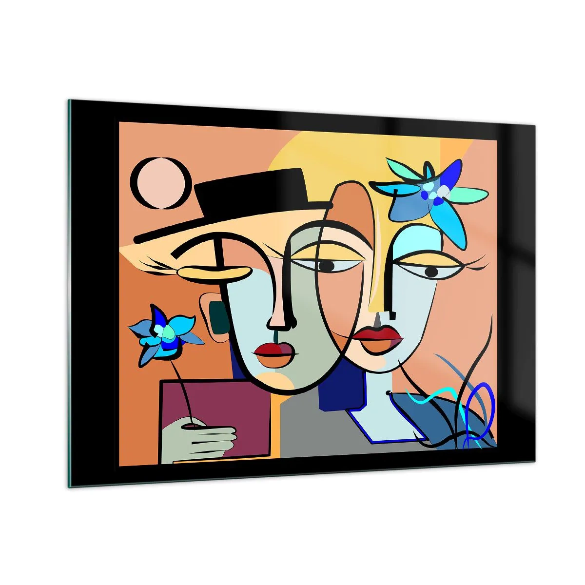 Glasbild - Bild auf glas - Bunte Gesichter im kubistischen Stil mit Blumen - 100x70cm - Picassos randez vous - Moderne Wanddekoration für Wohnzimmer und Schlafzimmer ARTTOR