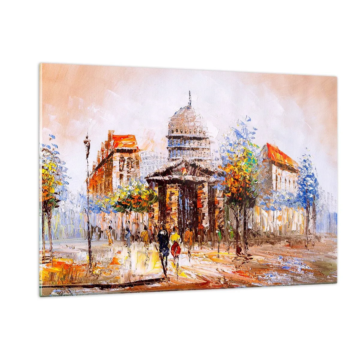 Glasbild - Bild auf glas - Eine malerische Stadtstraße mit einem historischen Gebäude im Hintergrund - 120x80cm - Pariser Spaziergang - Moderne Wanddekoration für Wohnzimmer und Schlafzimmer ARTTOR