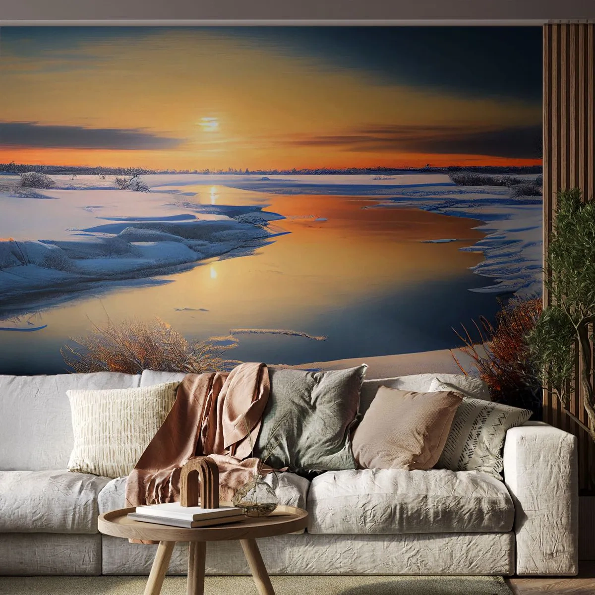 Fototapete Premium Canvas - Wintersonnenuntergang - Winter, Fluss, Landschaft - 450x315 cm