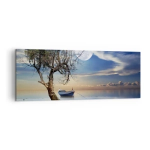 Bild auf Leinwand - Leinwandbild - Ein einsamer Baum und ein Boot auf ruhigem Wasser unter Vollmond. - 140x50cm - Ist das das Ende oder der Anfang? - Moderne Wanddekoration für Wohnzimmer und Schlafzimmer ARTTOR
