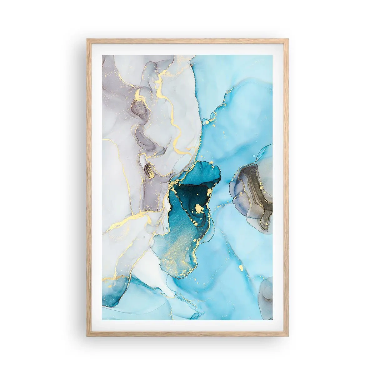 Poster in einem Rahmen aus heller Eiche - Eine Studie über das Zusammentreffen von Grau und Türkis - 61x91 cm