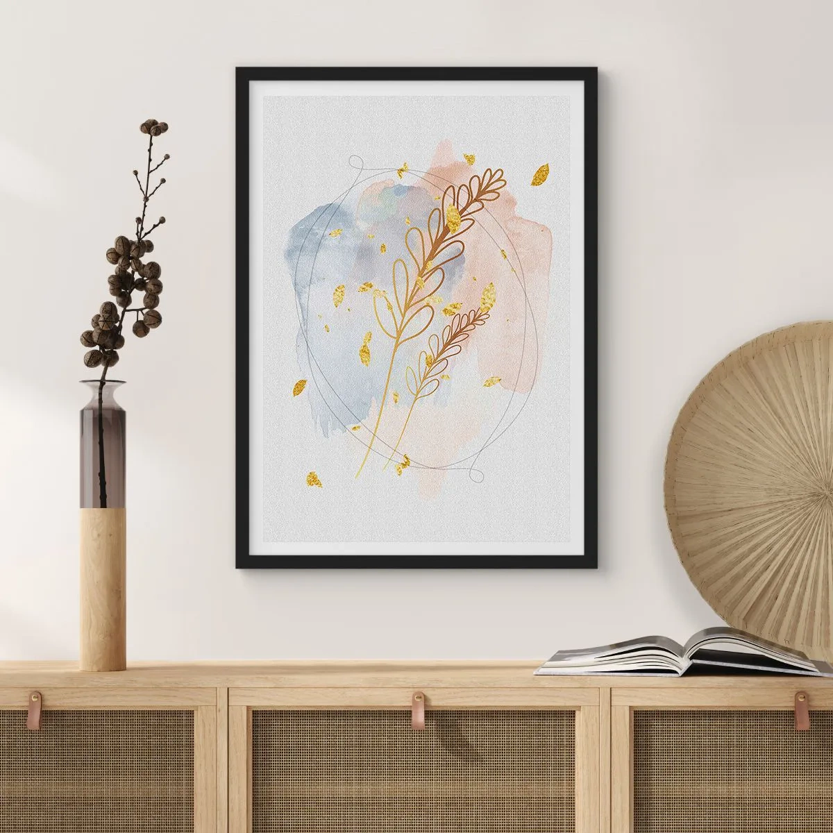 Poster in einem schwarzem Rahmen - Eine zarte botanische Komposition mit goldenen Details - 50x70cm - Goldenr Hauch - Moderne Wanddekoration für Wohnzimmer und Schlafzimmer ARTTOR
