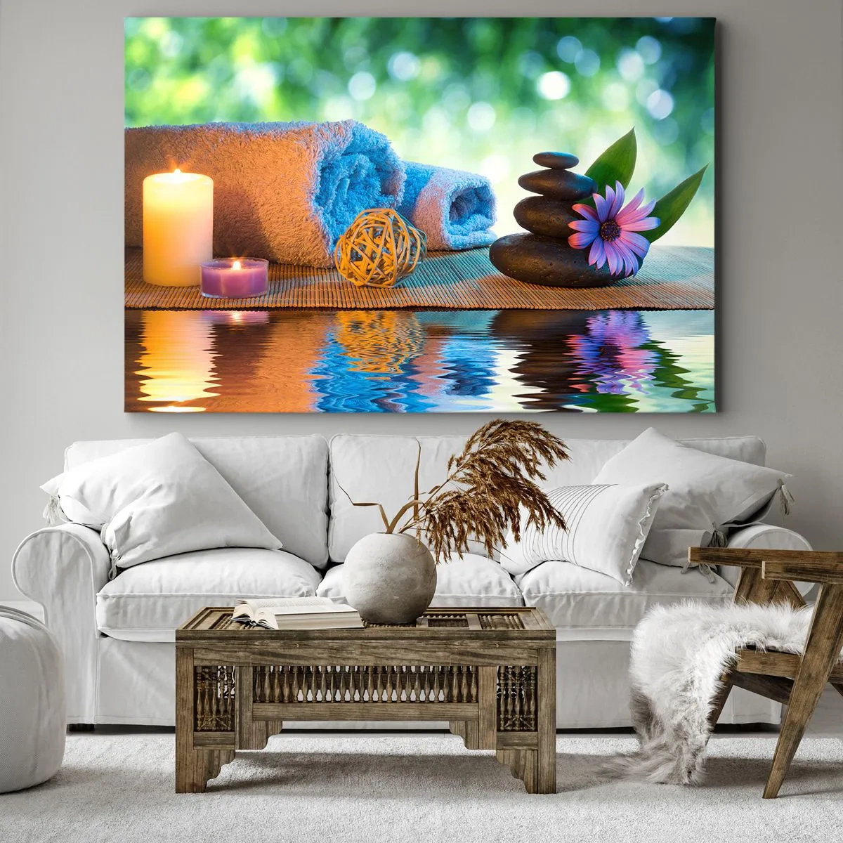 Bild auf Leinwand - Leinwandbild - Entspannendes SPA-Set mit Handtüchern, Kerzen und Steinen - 100x70cm - Zeit für den Körper - Moderne Wanddekoration für Wohnzimmer und Schlafzimmer ARTTOR