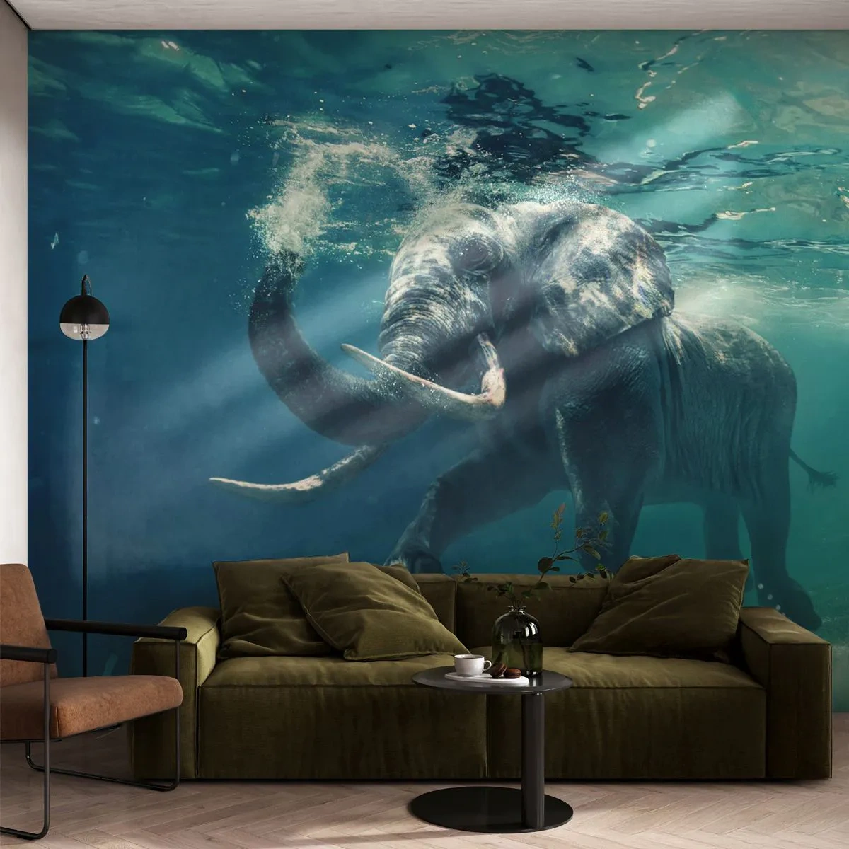 Fototapete Premium Sand - Ein Elefant, der unter Wasser in einem türkisfarbenen Ozean schwimmt - 100x70cm - Jeder schwimmt gerne - Moderne Wanddekoration für Wohnzimmer und Schlafzimmer ARTTOR