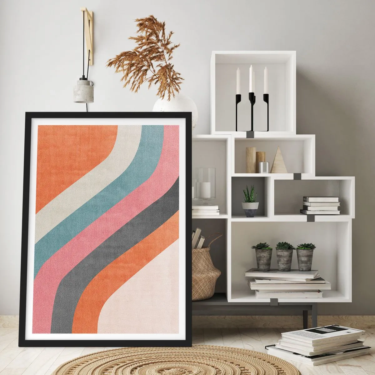 Poster in einem schwarzem Rahmen - Geometrische Retro-Streifen - 50x70cm - Diagonale Komposition – Bewegung - Moderne Wanddekoration für Wohnzimmer und Schlafzimmer ARTTOR