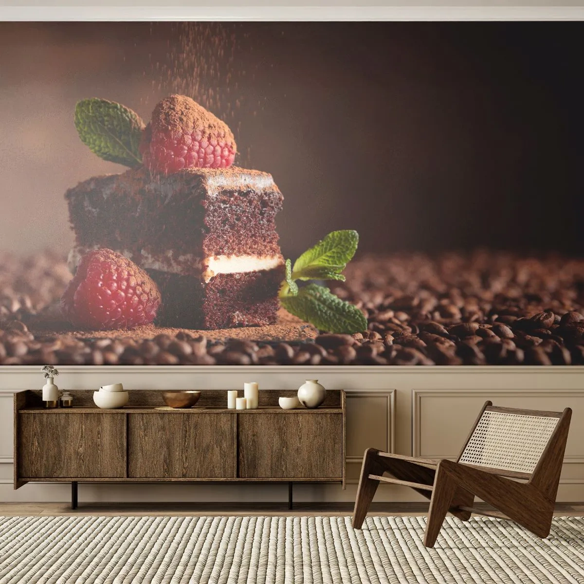 Fototapete Premium Sand - Ein Stück Schokoladenkuchen mit Himbeeren und Kaffeebohnen - 100x70cm - Das Leben ist süß - Moderne Wanddekoration für Wohnzimmer und Schlafzimmer ARTTOR