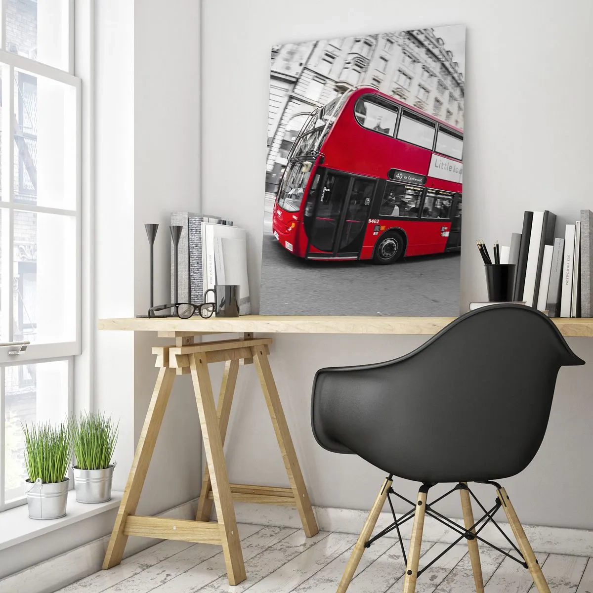 Glasbild - Bild auf glas - Ein roter Londoner Bus vor einer schwarz-weißen Straße - 70x100cm - London traditionell - mit dem Bus - Moderne Wanddekoration für Wohnzimmer und Schlafzimmer ARTTOR