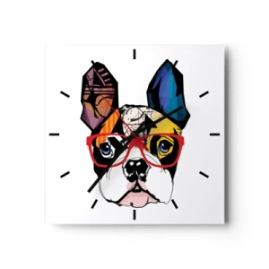 Wanduhr - Glasuhr - Bulldogge in einer bunten Illustration mit roter Brille - 30x30cm - Intellektuelle - Moderne Wanddekoration für Wohnzimmer und Schlafzimmer ARTTOR