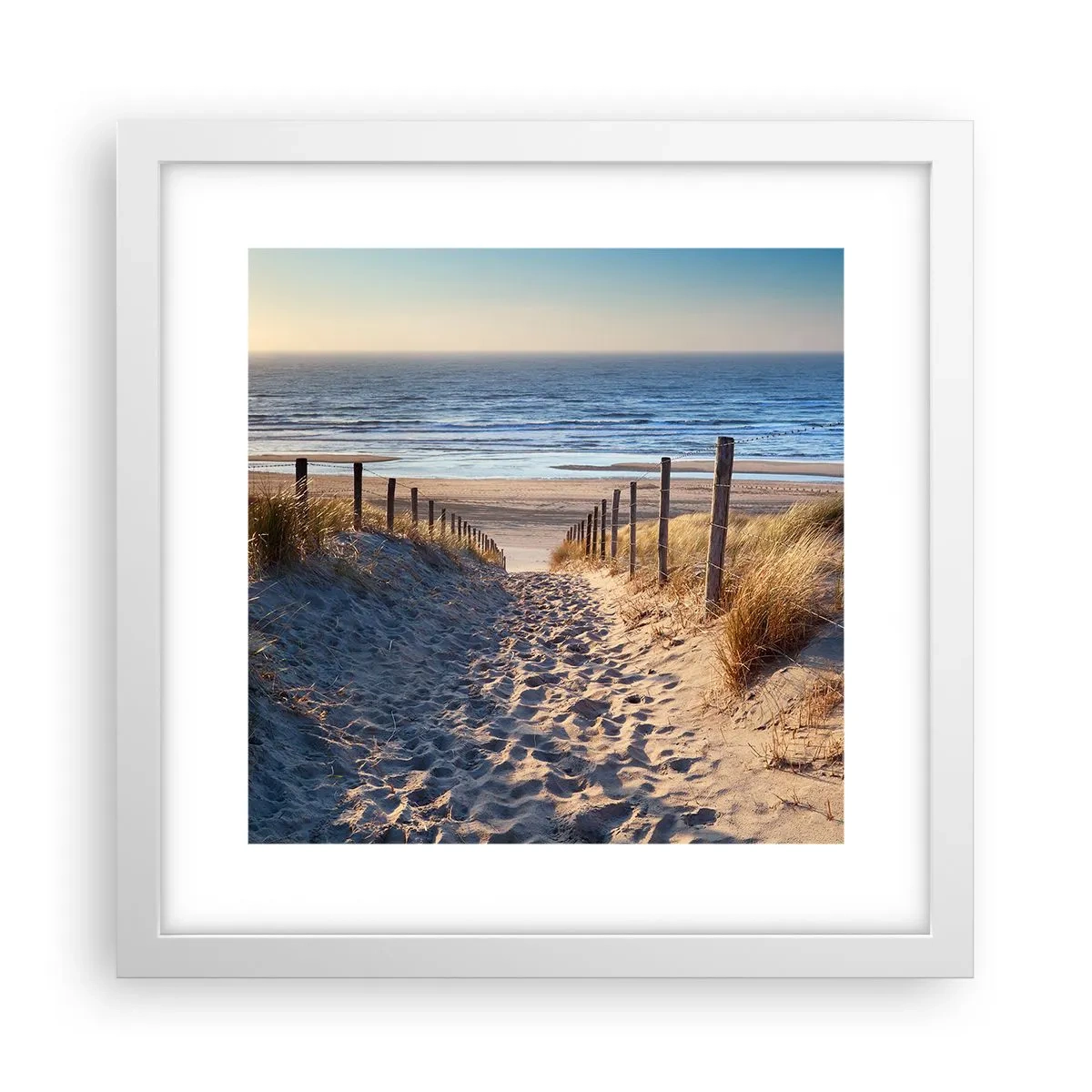 Poster in einem weißen Rahmen - Das Rauschen des Meeres, der Gesang der Vögel, ein wilder Strand im Gras ... - 30x30 cm