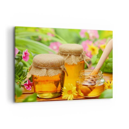Bild auf Leinwand - Leinwandbild - Honiggläser mit Blumen vor dem Hintergrund eines Sommergartens - 100x70cm - Süß und blumig - Moderne Wanddekoration für Wohnzimmer und Schlafzimmer ARTTOR