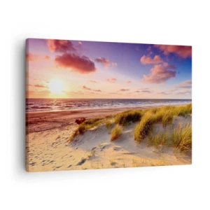 Bild auf Leinwand - Leinwandbild - Ein grasbewachsener Strand und ein Sonnenuntergang über einem ruhigen Meer - 70x50cm - Die Luft riecht schon im Sommer - Moderne Wanddekoration für Wohnzimmer und Schlafzimmer ARTTOR