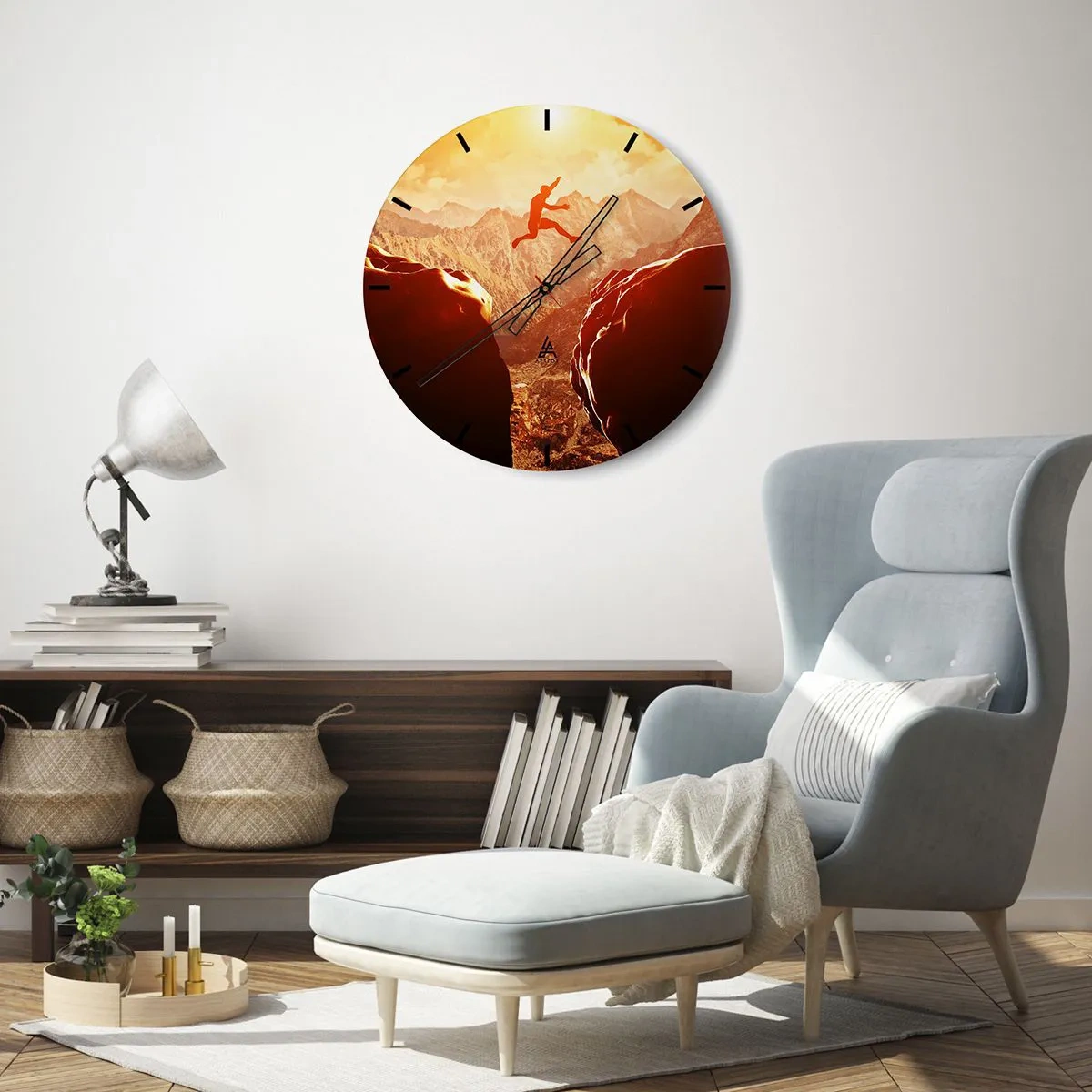 Wanduhr - Glasuhr - Über einen Abgrund in den Bergen springen - 30x30cm - Grenzen überschreiten - Moderne Wanddekoration für Wohnzimmer, Küche und Schlafzimmer ARTTOR