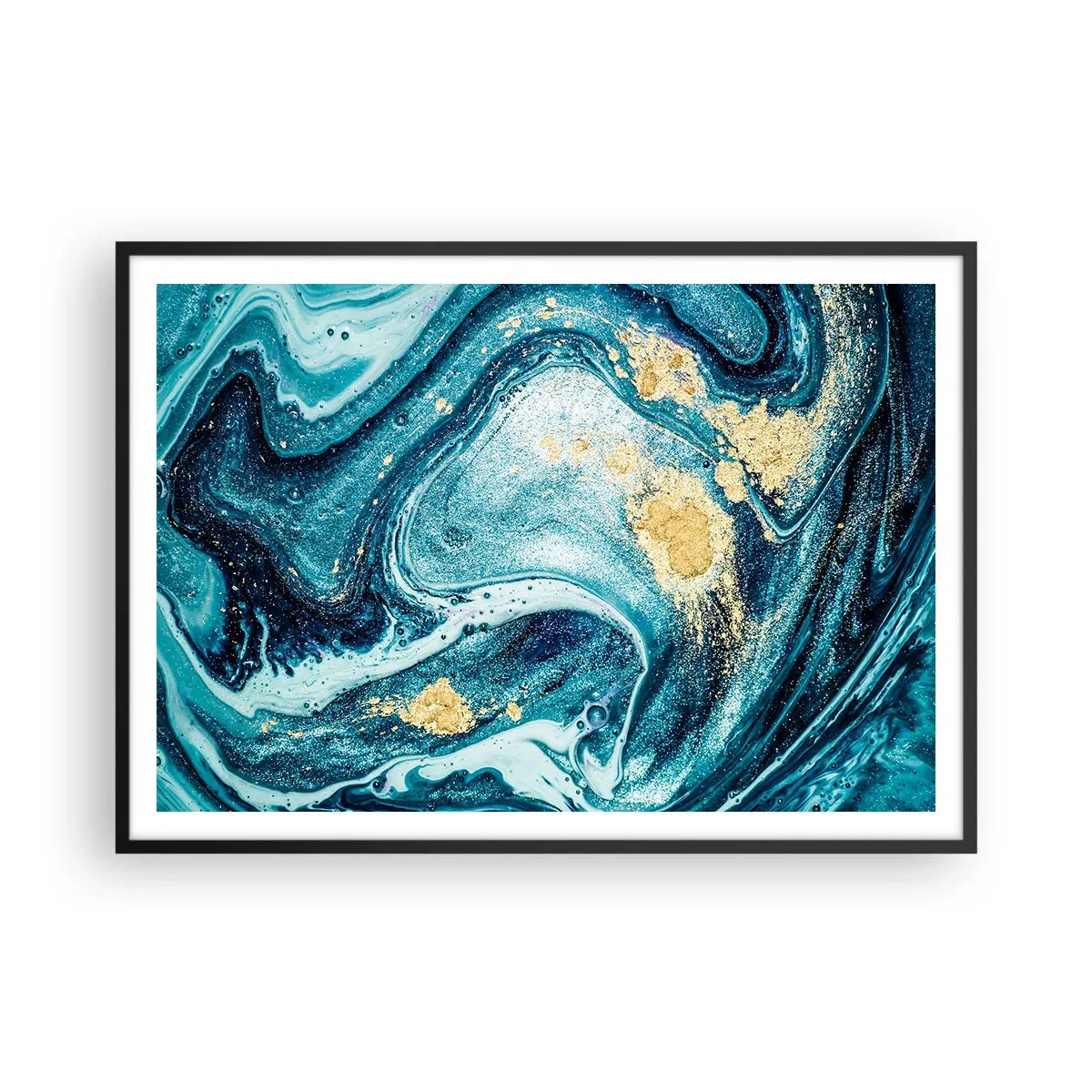 Poster in einem schwarzem Rahmen - Eine abstrakte Komposition aus Wellen und goldenen Akzenten - 100x70cm - Blauer Wirbel - Moderne Wanddekoration für Wohnzimmer und Schlafzimmer ARTTOR