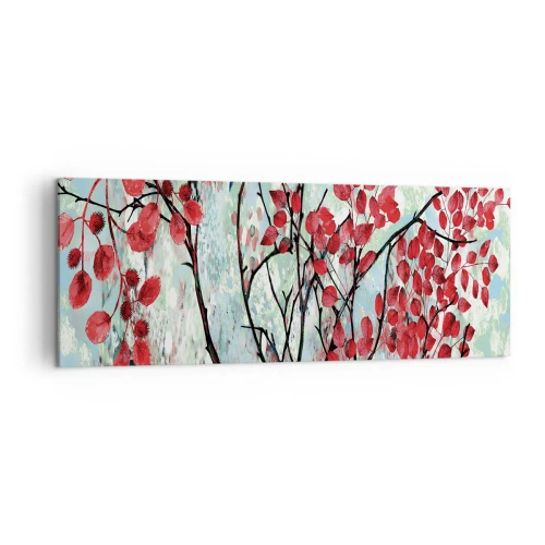 Bild auf Leinwand - Leinwandbild - Rote Blätter vor einem hellen Himmel mit abstrakten Mustern - 140x50cm - Baum in Scharlachrot - Moderne Wanddekoration für Wohnzimmer und Schlafzimmer ARTTOR