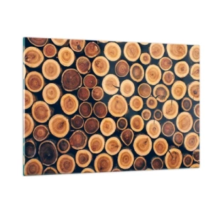 Glasbild - Bild auf glas - Blick auf in einer Reihe angeordnete, geschnittene Baumstämme - 120x80cm - Wie alt sehe ich aus? - Moderne Wanddekoration für Wohnzimmer und Schlafzimmer ARTTOR