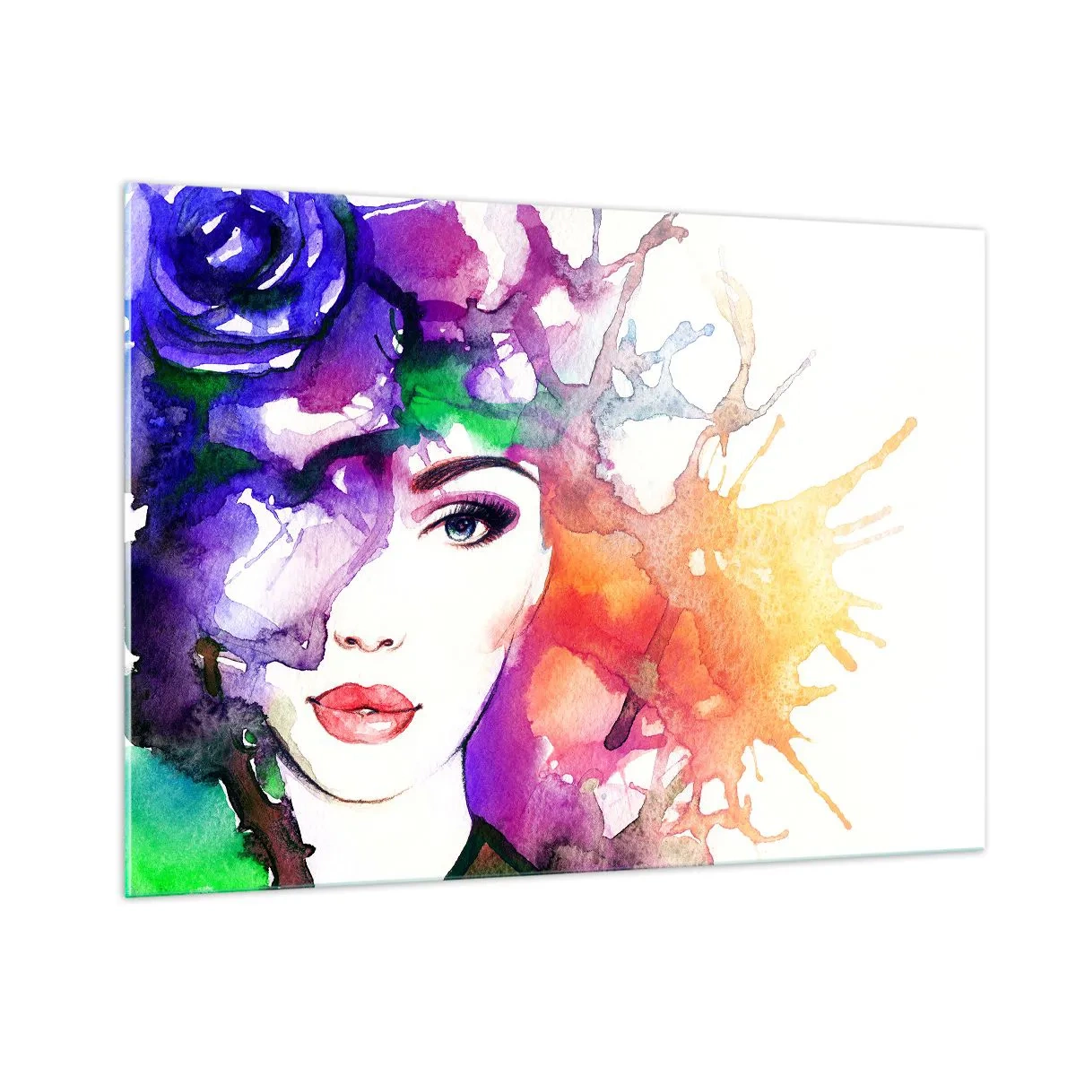 Glasbild - Bild auf glas - Eine Frau mit unscharfem, buntem Hintergrund im Aquarellstil - 100x70cm - Mit dem Kopf in den Wolken - Moderne Wanddekoration für Wohnzimmer und Schlafzimmer ARTTOR