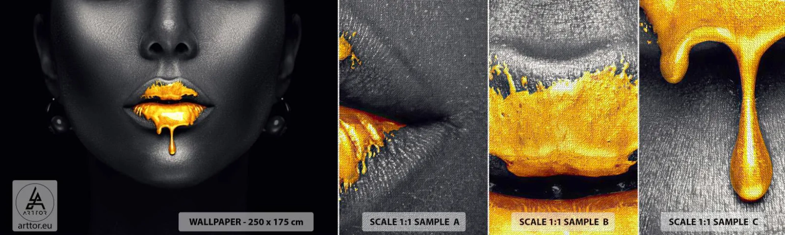 Fototapeten Muster Premium Canvas - Goldmaul - Abstraktion, Der Mund der Frau, Das Gesicht einer Frau - 100x30 cm