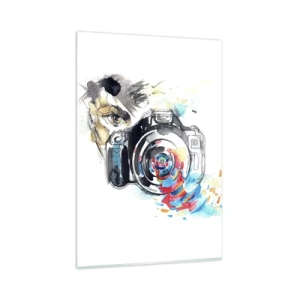 Glasbild - Bild auf glas - Aquarellkamera mit farbenfrohen Details - 80x120cm - Im Auge der Linse - Moderne Wanddekoration für Wohnzimmer und Schlafzimmer ARTTOR