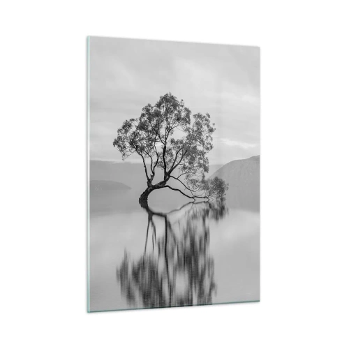 Glasbild - Bild auf glas - Ein einsamer Baum auf dem Wasser in einer schwarz-weißen Landschaft - 50x70cm - Es gibt so ein Land - Moderne Wanddekoration für Wohnzimmer und Schlafzimmer ARTTOR