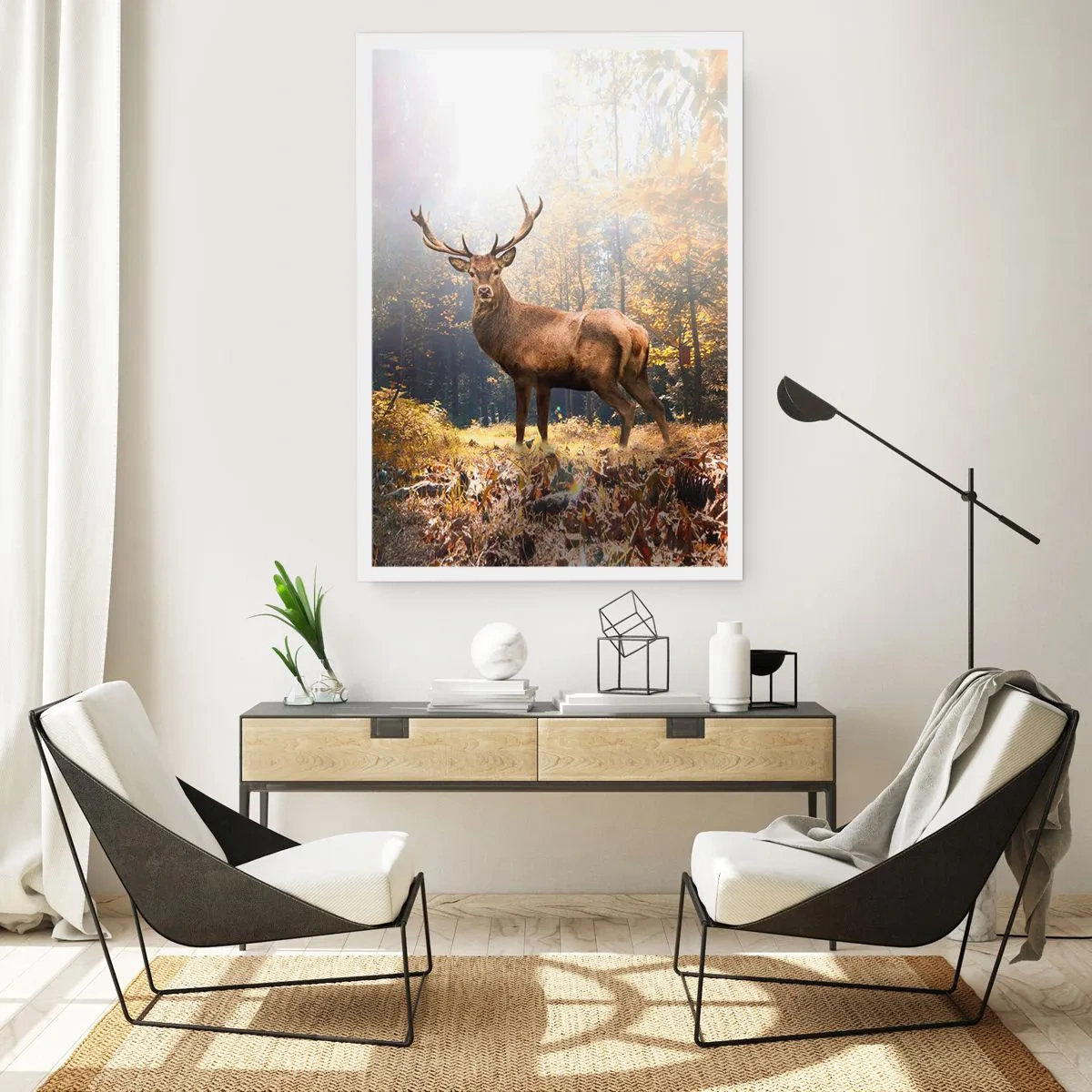 Poster - Ein Hirsch in einem Wald, der vom Sonnenlicht erleuchtet wird - 50x70cm - In voller Majestät - Moderne Wanddekoration für Wohnzimmer und Schlafzimmer ARTTOR