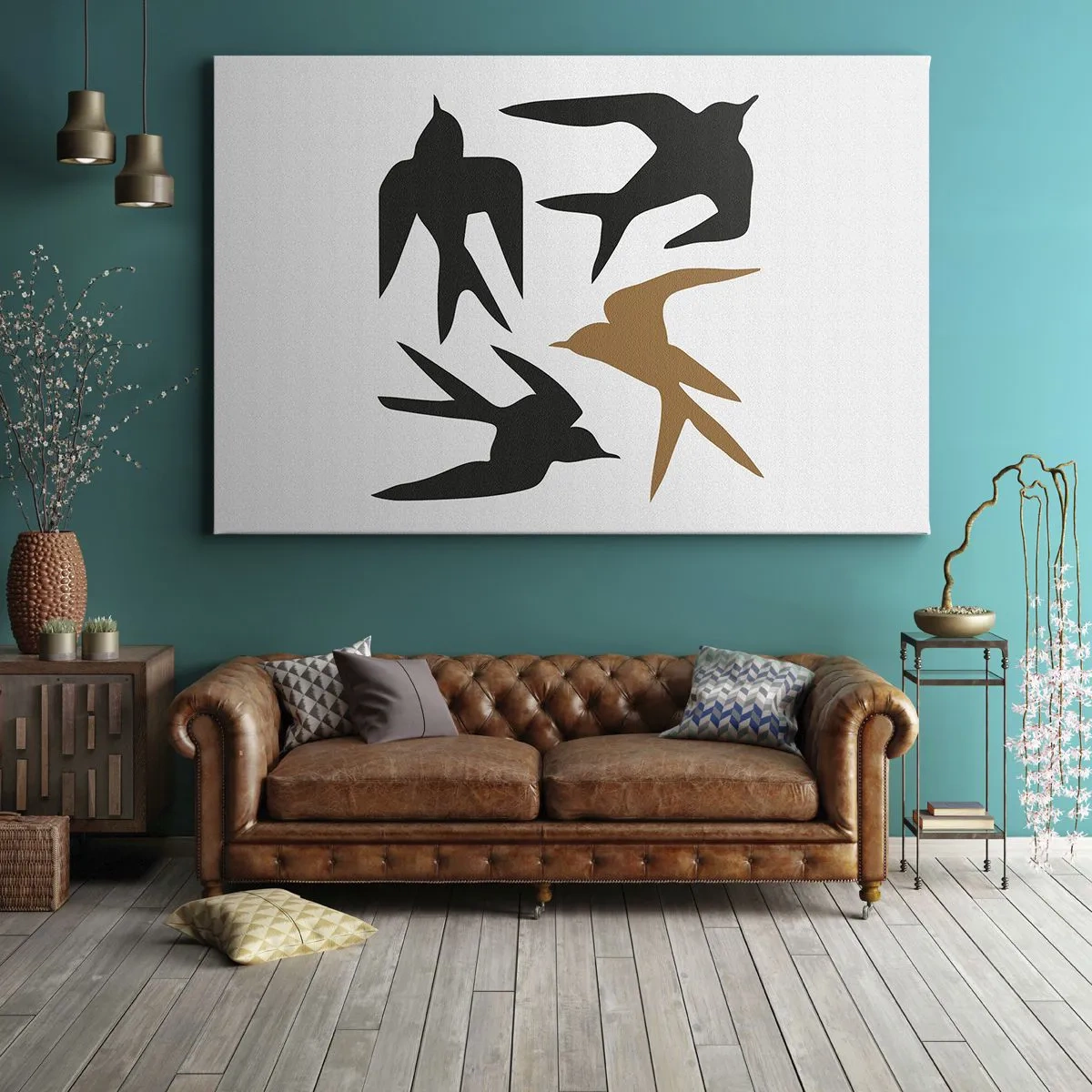 Bild auf Leinwand - Leinwandbild - Silhouetten von Schwalben in Schwarz und Gold - 120x80cm - Schwalbenspaß - Moderne Wanddekoration für Wohnzimmer und Schlafzimmer ARTTOR