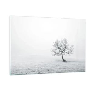 Glasbild - Bild auf glas - Ein einsamer Baum vor dem Nebel in einer monochromen Komposition - 120x80cm - Gegen das Nichts - Moderne Wanddekoration für Wohnzimmer und Schlafzimmer ARTTOR