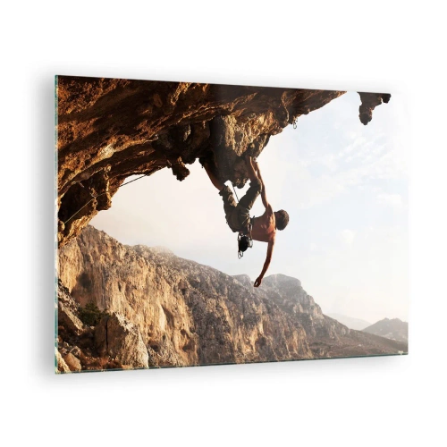 Glasbild - Bild auf glas - Klettern an einem senkrechten Felsen in einer Berglandschaft - 70x50cm - Die Welt ist in einer Hand auf einem Felsblock geschrumpft - Moderne Wanddekoration für Wohnzimmer und Schlafzimmer ARTTOR
