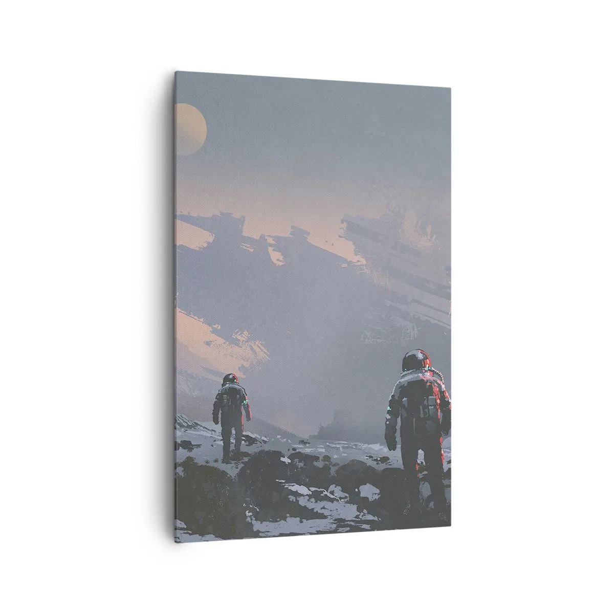 Bild auf Leinwand - Leinwandbild - Astronauten auf einem fremden Planeten mit einem Raumschiffwrack - 80x120cm - Unter einem unbekannten Stern - Moderne Wanddekoration für Wohnzimmer und Schlafzimmer ARTTOR