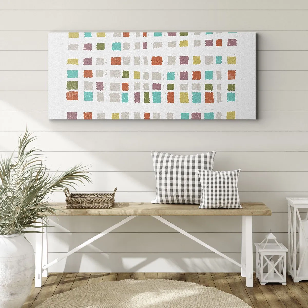 Bild auf Leinwand - Leinwandbild - Bunte Quadrate in minimalistischer Anordnung auf weißem Hintergrund - 140x50cm - Unbekanntes Spiel - Moderne Wanddekoration für Wohnzimmer und Schlafzimmer ARTTOR