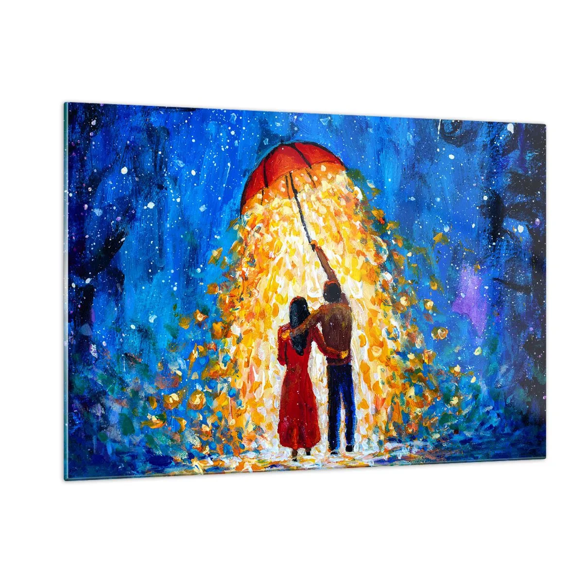 Glasbild - Bild auf glas - Ein Paar unter einem Regenschirm, umgeben von goldenem Licht vor dem Nachthimmel - 120x80cm - Zauber eines Regenabends? - Moderne Wanddekoration für Wohnzimmer und Schlafzimmer ARTTOR