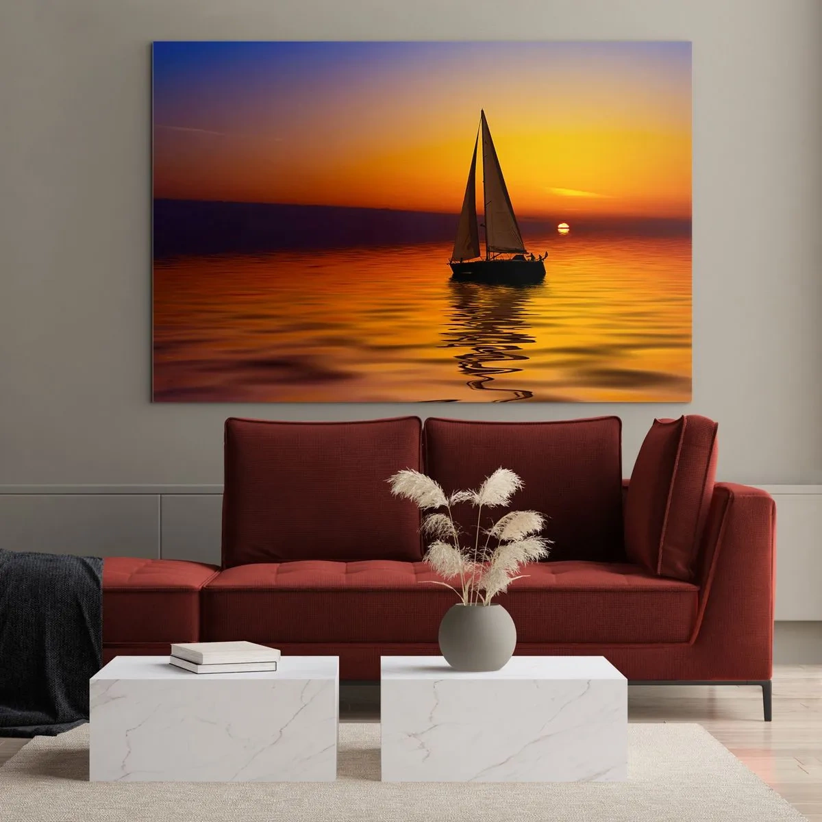 Glasbild - Bild auf glas - Ein Segelboot auf dem Wasser bei Sonnenuntergang - 70x50cm - Wie ruhig es hier in der Abenddämmerung ist... - Moderne Wanddekoration für Wohnzimmer und Schlafzimmer ARTTOR