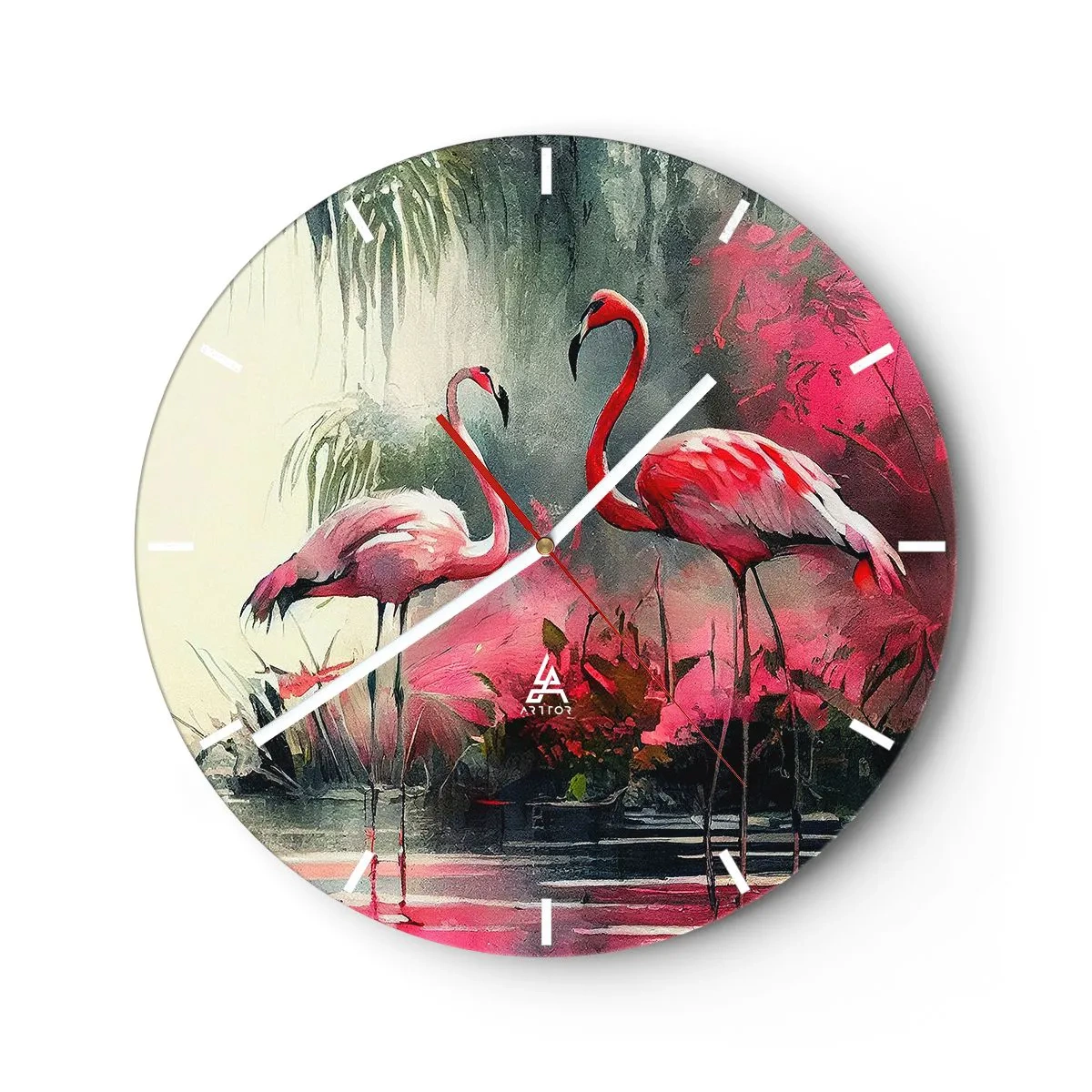 Wanduhr - Glasuhr - Zwei Flamingos in einer exotischen, rosa Umgebung - 30x30cm - Lektion in natürlicher Anmut - Moderne Wanddekoration für Wohnzimmer, Küche und Schlafzimmer ARTTOR