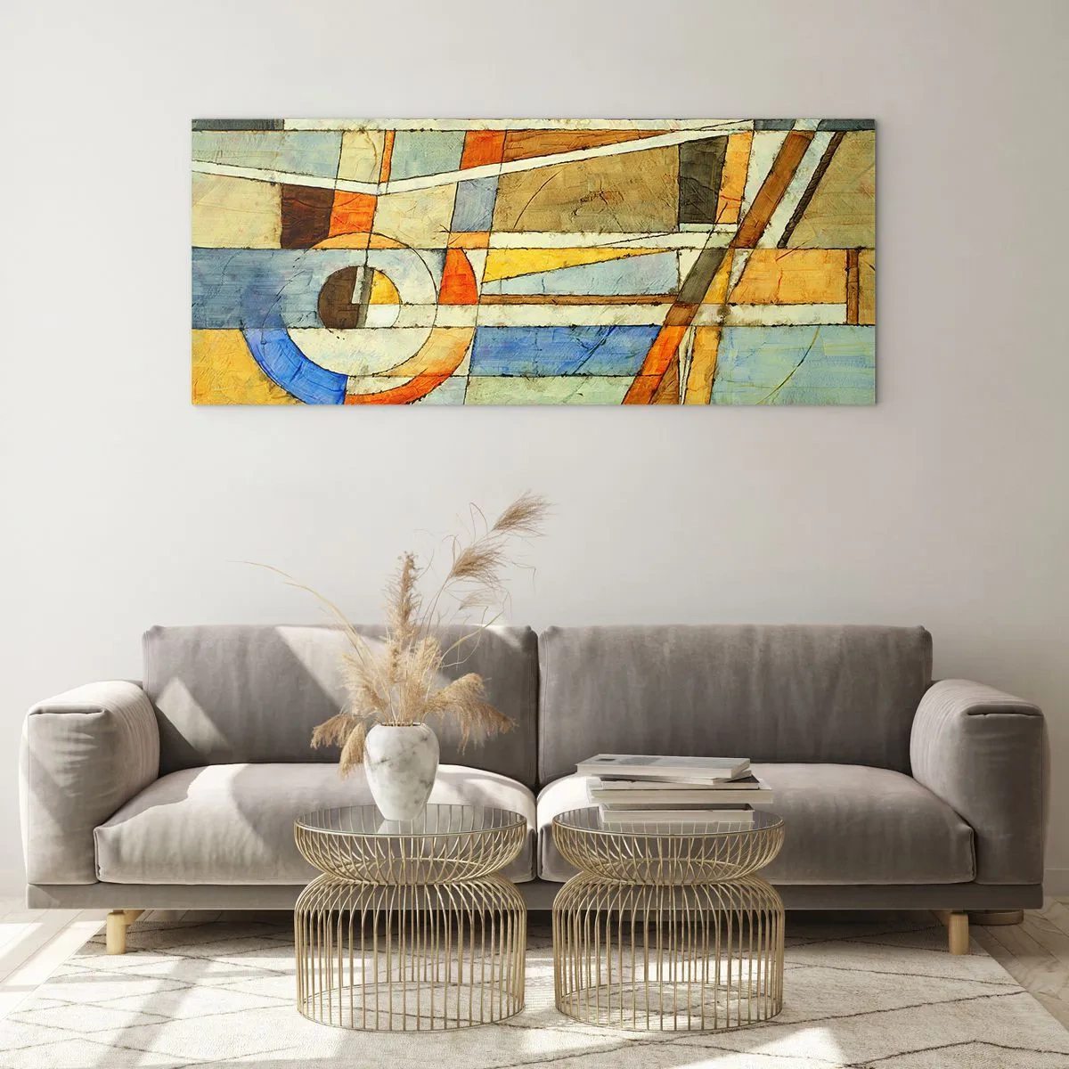 Glasbild - Bild auf glas - Geometrische Abstraktion in Beige-, Blau- und Orangetönen - 140x50cm - Kubismus auf der Baustelle - Moderne Wanddekoration für Wohnzimmer und Schlafzimmer ARTTOR