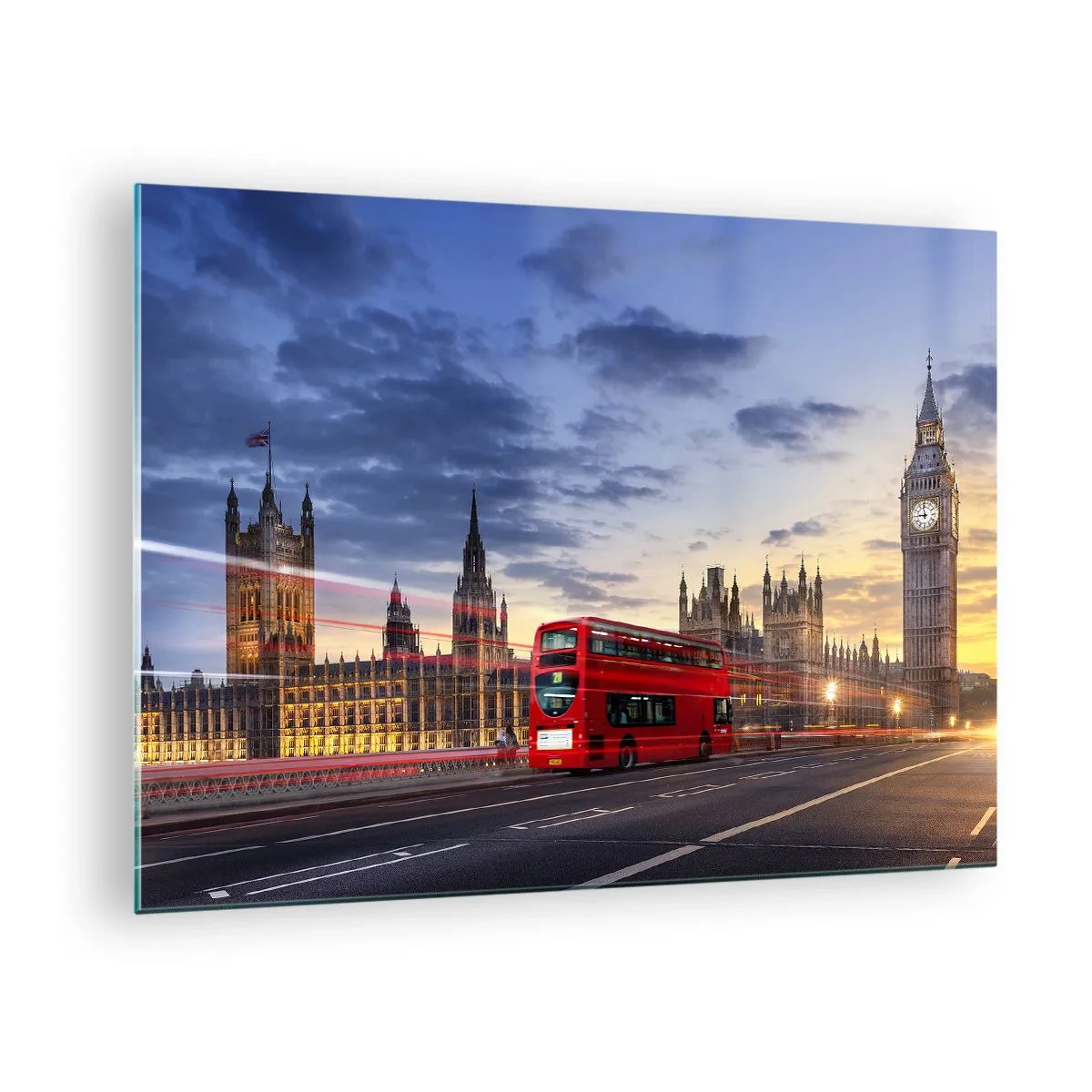 Glasbild - Bild auf glas - Big Ben und der Red Bus in London bei Sonnenuntergang - 70x50cm - Spezielle Charaktere - Moderne Wanddekoration für Wohnzimmer und Schlafzimmer ARTTOR