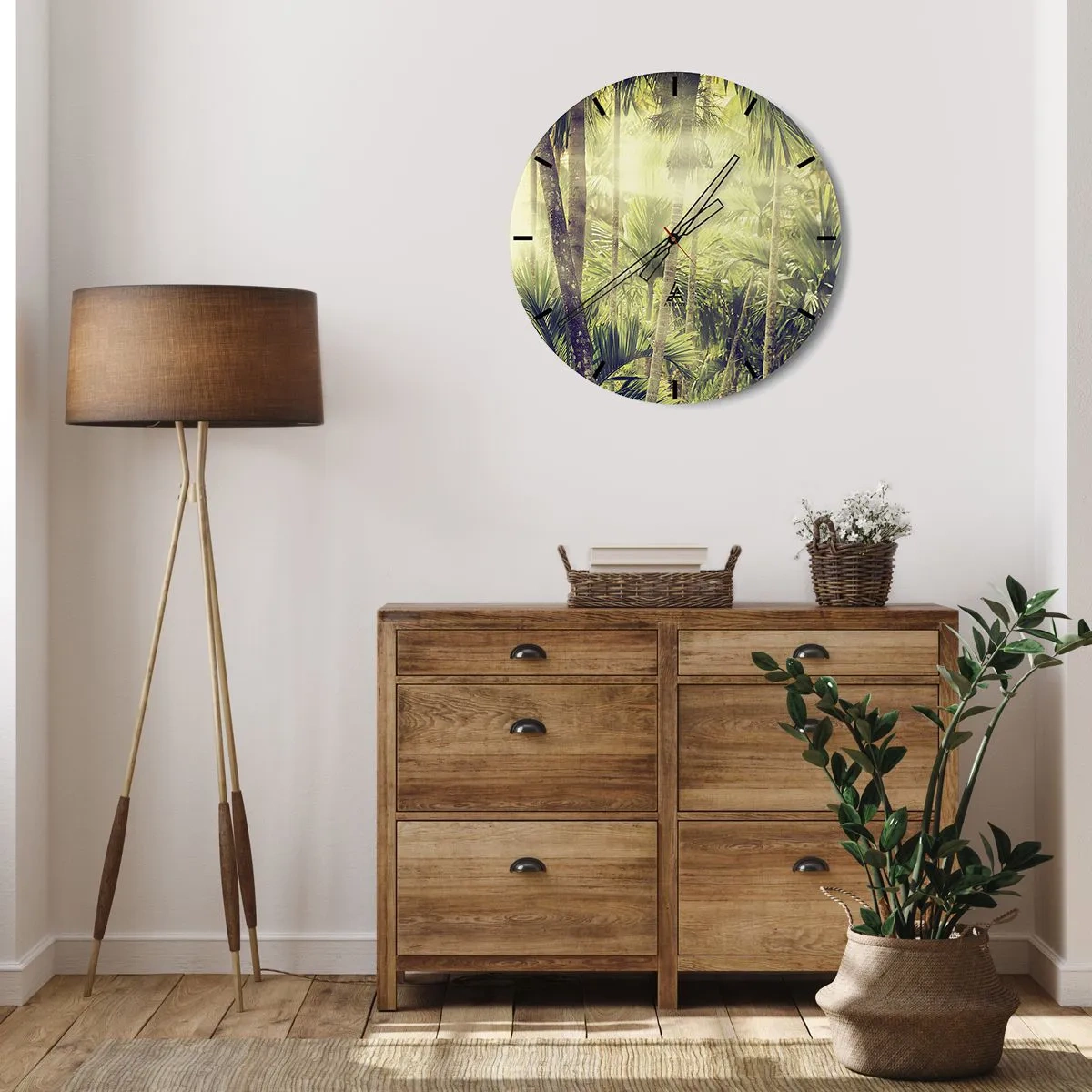 Wanduhr - Glasuhr - Tropischer Palmenwald in den Strahlen der Sonne - 30x30cm - In grüner Hitze - Moderne Wanddekoration für Wohnzimmer, Küche und Schlafzimmer ARTTOR