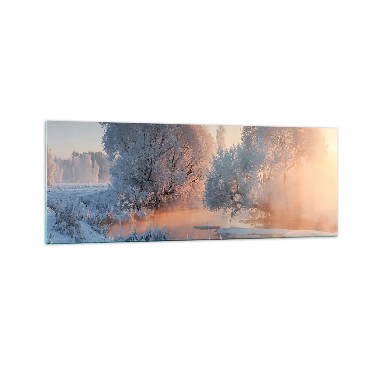 Glasbild - Bild auf glas - Winterlandschaft mit schneebedeckten Bäumen und einem Sonnenuntergang - 140x50cm - Alles im Kristall glänzt in der Sonne - Moderne Wanddekoration für Wohnzimmer und Schlafzimmer ARTTOR