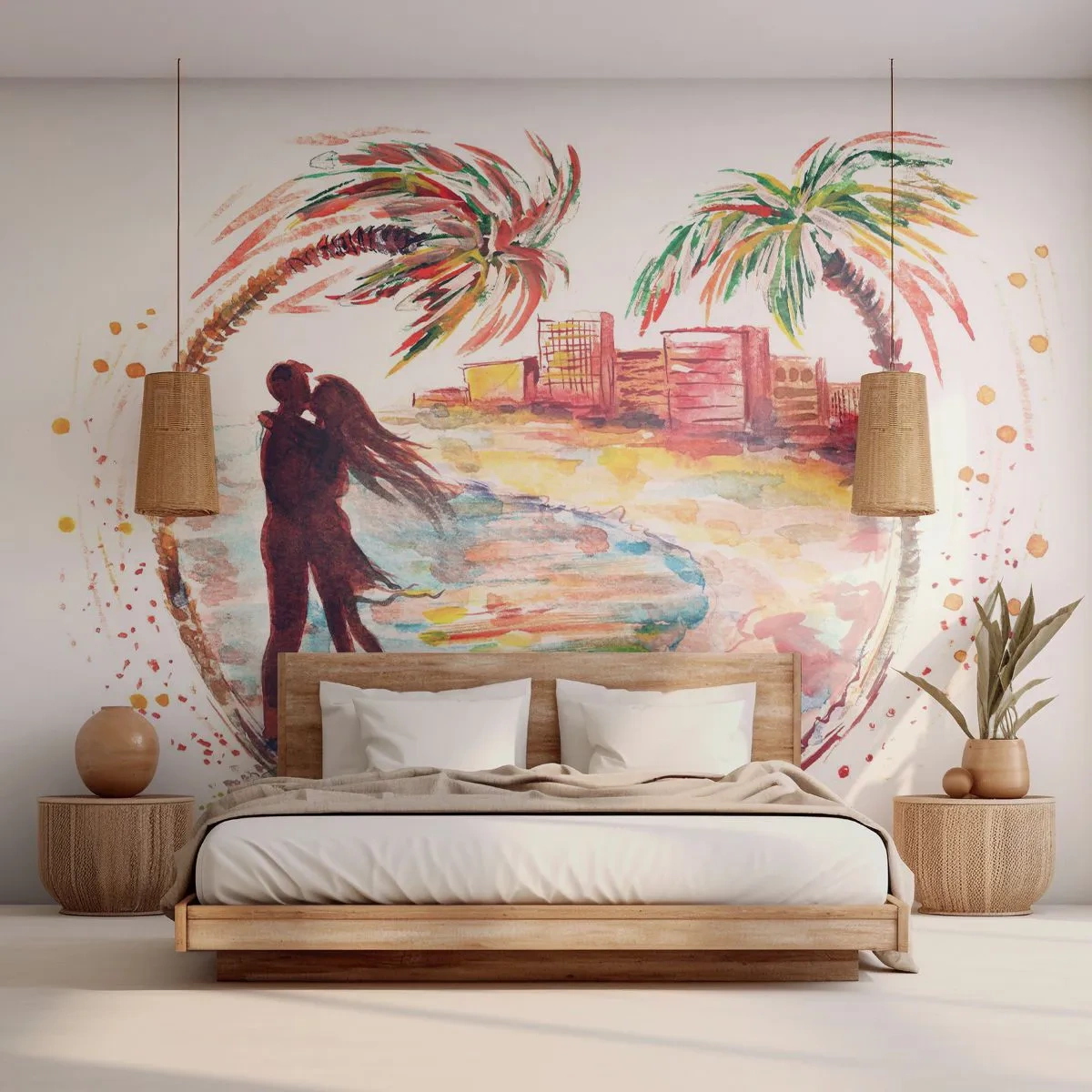 Fototapete Premium Sand - Romantisches Paar am Strand im Aquarellstil - 100x70cm - Romantischer Urlaub - Moderne Wanddekoration für Wohnzimmer und Schlafzimmer ARTTOR