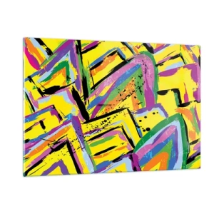 Glasbild - Bild auf glas - Intensive Abstraktion in leuchtenden Farben auf gelbem Hintergrund - 120x80cm - Bis sie vor Freude schreit - Moderne Wanddekoration für Wohnzimmer und Schlafzimmer ARTTOR