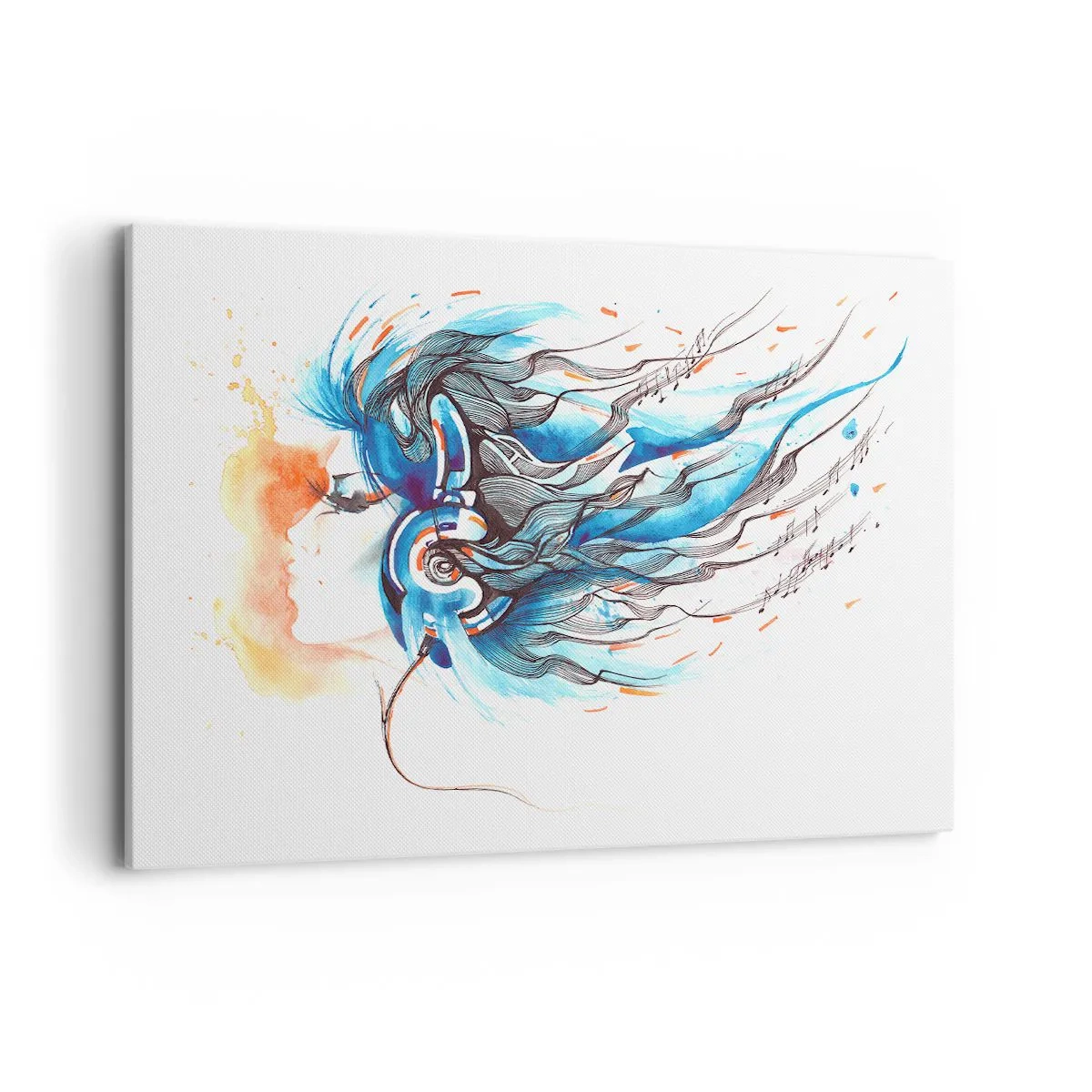 Bild auf Leinwand - Leinwandbild - Künstlerische Grafik einer Frau mit Kopfhörern und musikalischen Akzenten - 120x80cm - Lass die Musik spielen - Moderne Wanddekoration für Wohnzimmer und Schlafzimmer ARTTOR