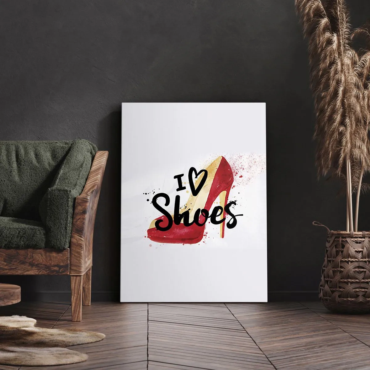 Bild auf Leinwand - Leinwandbild - Roter Stiletto mit der Aufschrift „I love Shoes“ auf weißem Hintergrund - 70x100cm - Liebe hat viele Namen - Moderne Wanddekoration für Wohnzimmer und Schlafzimmer ARTTOR