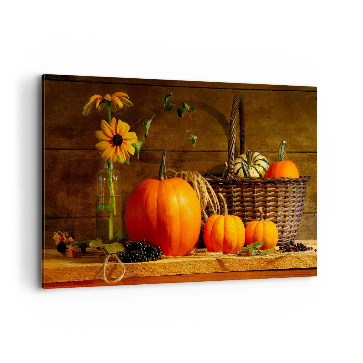 Bild auf Leinwand - Leinwandbild - Herbstkomposition mit Kürbissen und Blumen auf Holzhintergrund - 120x80cm - Eine rustikale Komposition - Geschenke des Herbstes - Moderne Wanddekoration für Wohnzimmer und Schlafzimmer ARTTOR